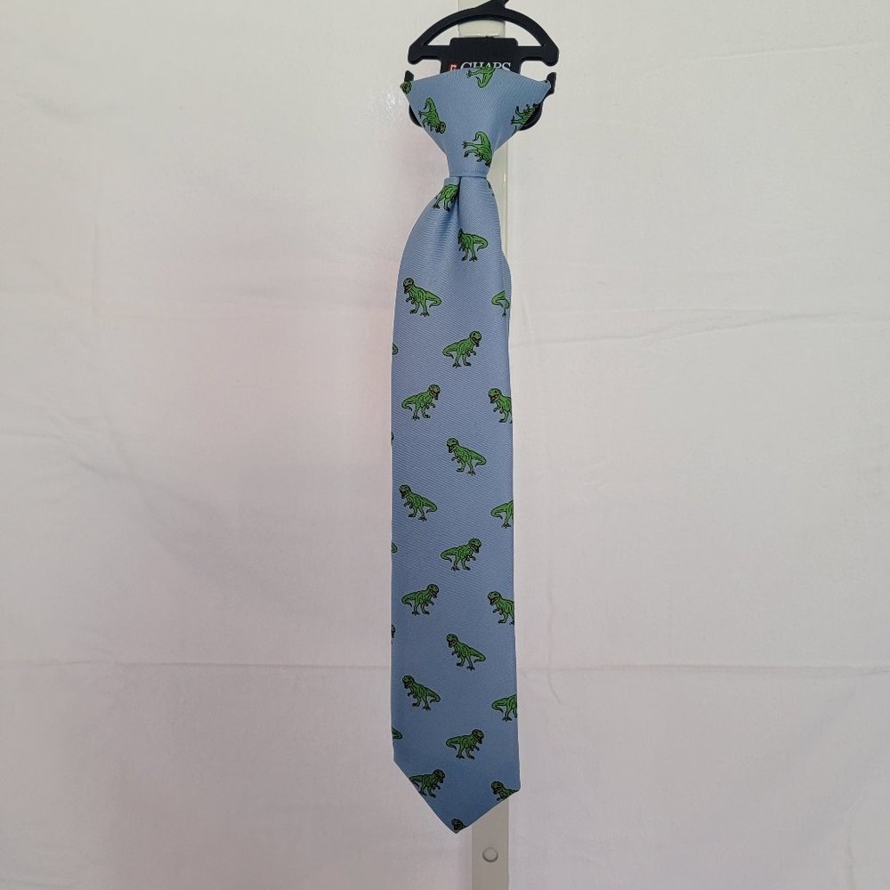 Chaps Kids Light Blue Tie with Green Dinosaur Print
